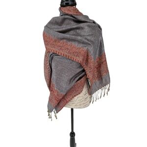 Pashmina Scarf Wrap Gray Red Rust Paisley 72" X 27" Fringe Great